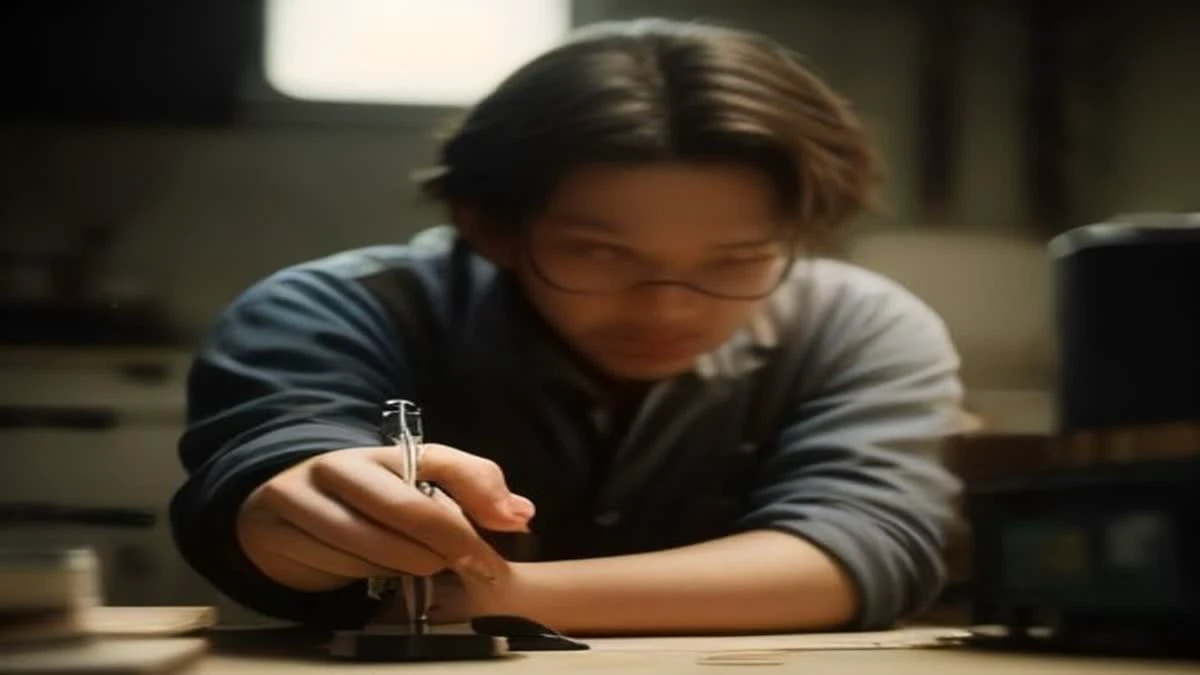 wide establishing shot of an engineer measuring a component with calipers on a workbench, soft morning light, used as the opening image