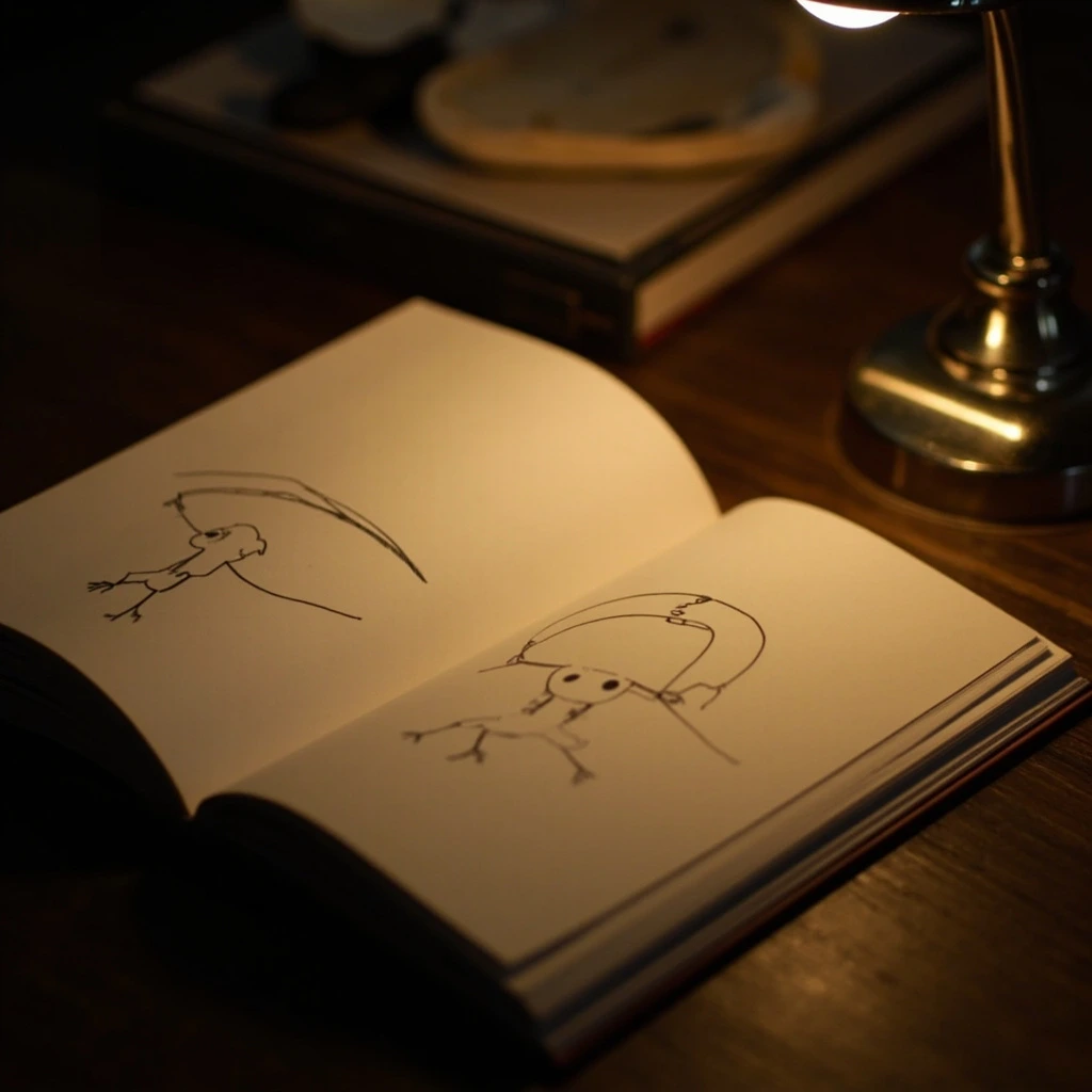Hand-bound flipbook mid-sequence, lit by a single desk lamp.